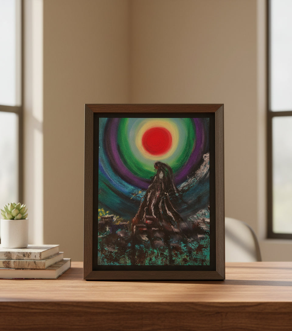 Original oil pastel painting “Sun Shaman” shown framed behind glass for display example