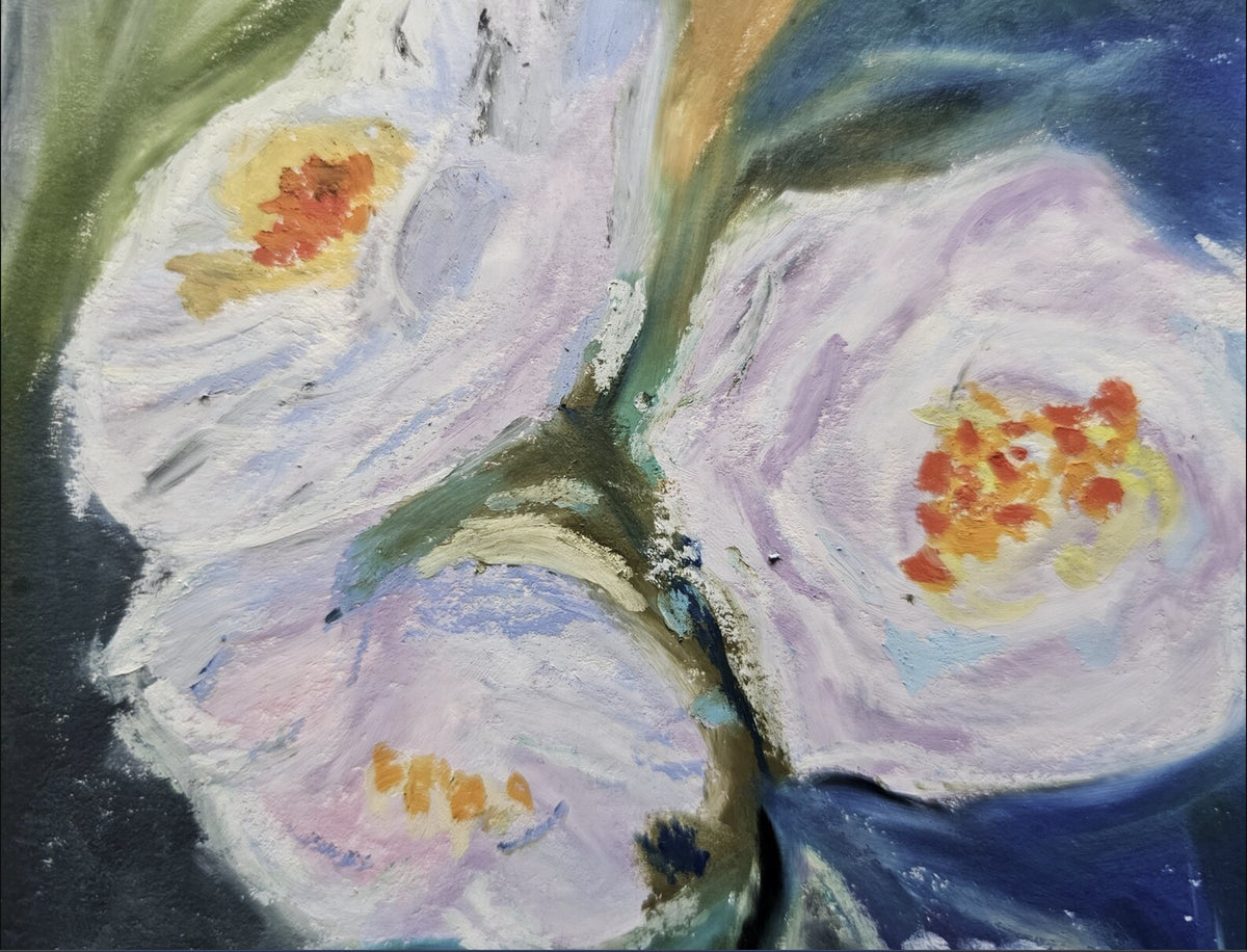 Close-up of 'Healing Roses' showing the rich, thick texture of professional oil pastels and the intricate layering of pink, blue, and green strokes.