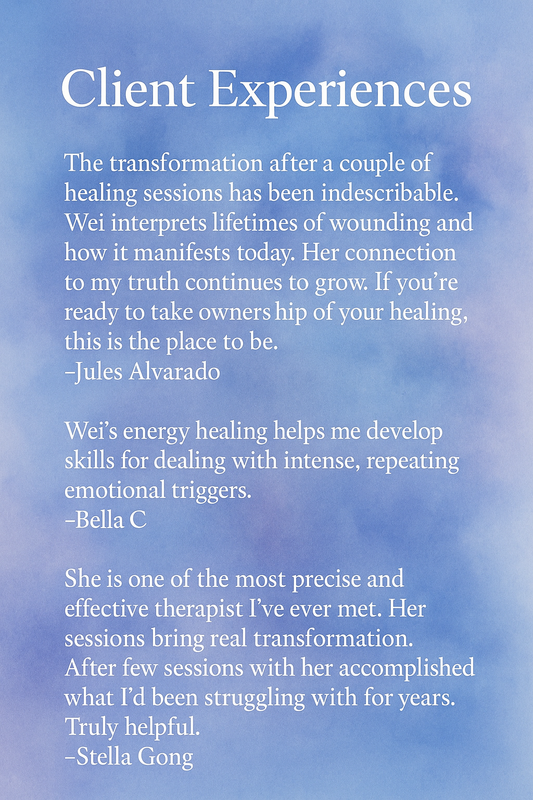 Verified client reviews of Wei's channeled energy healing sessions at Bloodmoon Astrology
