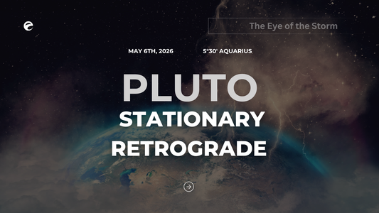 Pluto stationary retrograde at 5°30' Aquarius on May 6th, 2026 — cosmic banner showing Earth and the title "The Eye of the Storm"