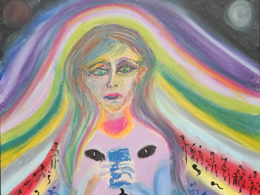 Original expressive painting of a woman reacting with shock to a Tarot Tower card reading, featuring vibrant energy fields and spiritual symbols, reflecting Scorpio Full Moon transformation.