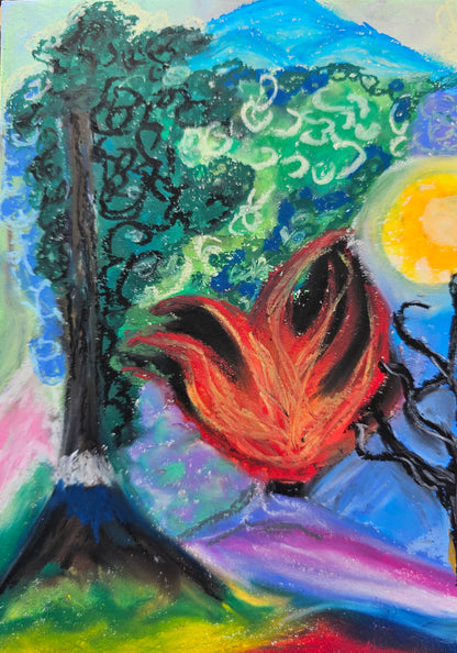 Rebirth Sacred Fire - Original Oil Pastel Art | Energy Art For Spring Equinox Aries Eclipse