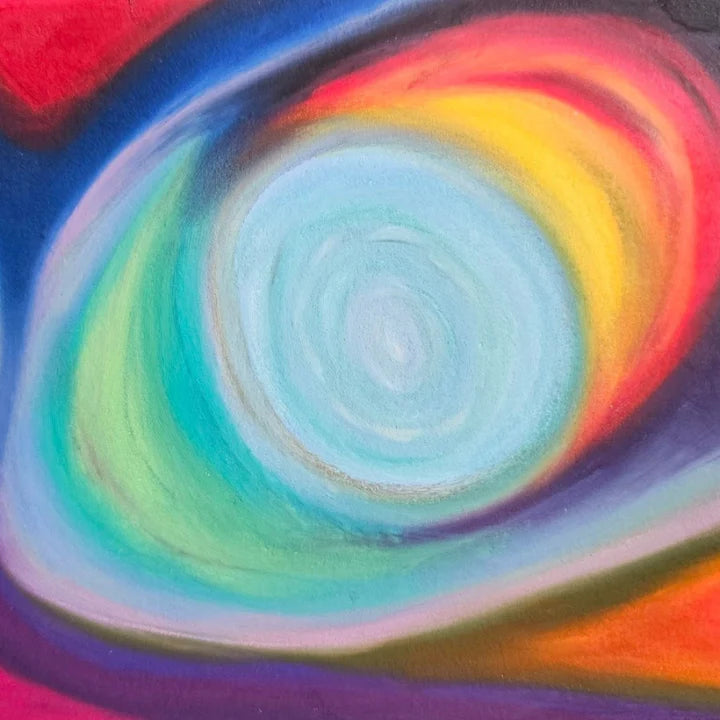 Original channeled abstract art — swirling rainbow spiral, Bloodmoon Astrology energy healing