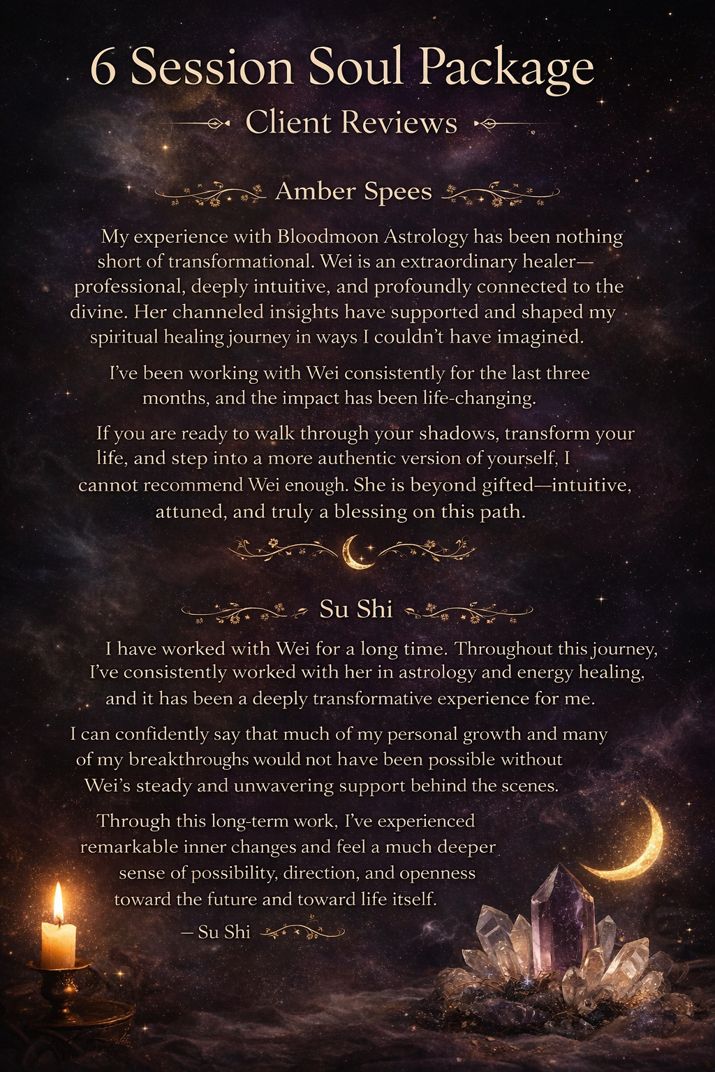 Client reviews for the 6 Session Soul Package with Wei, featuring long-term astrology and energy healing testimonials.