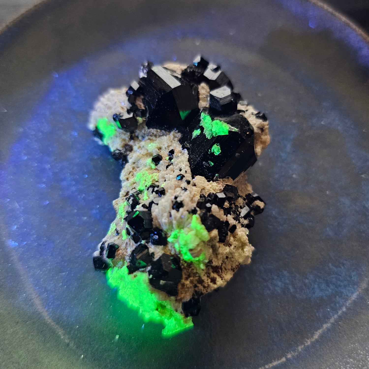 Mineral sample with black crystals and green fluorescence on a dark surface