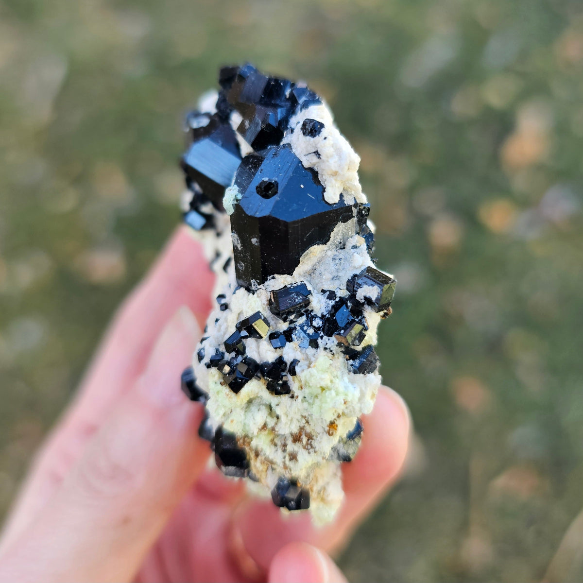 Mineral specimen held in a hand with a blurred natural background