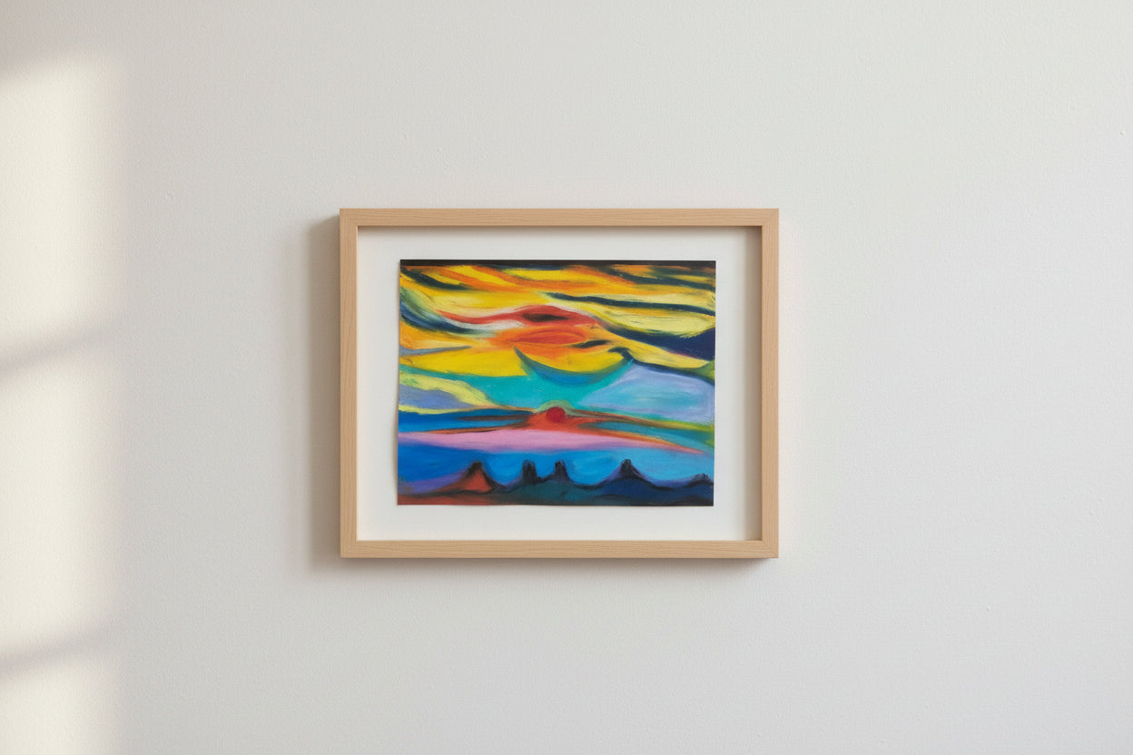 Framed 10x8 original oil pastel painting “Colors of Colorado” displayed on a wall for scale
