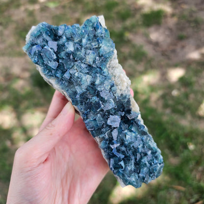 A 425g Madagascar Green Fluorite cube cluster displaying a vibrant, deep blue-purple fluorescence color change under a long-wave UV light source.