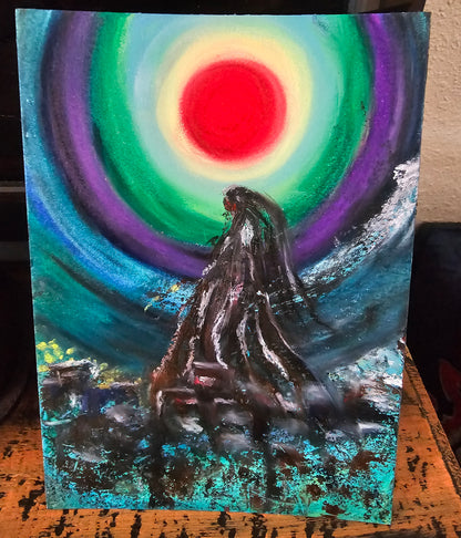Channeled Shamanic Energy Art: Sun Shaman Original Oil Pastel for Shadow Work & Healing