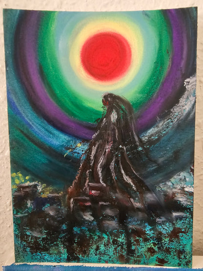 Channeled Shamanic Energy Art: Sun Shaman Original Oil Pastel for Shadow Work & Healing