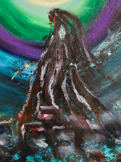 Channeled Shamanic Energy Art: Sun Shaman Original Oil Pastel for Shadow Work & Healing