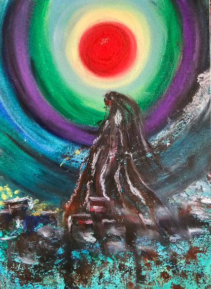 Channeled Shamanic Energy Art: Sun Shaman Original Oil Pastel for Shadow Work & Healing