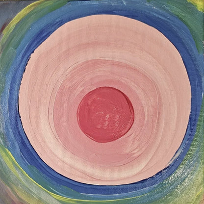 Close-up detail of the textured acrylic brushstrokes and vibrant pink center of the Heart Chakra portal painting on gallery-wrapped canvas.