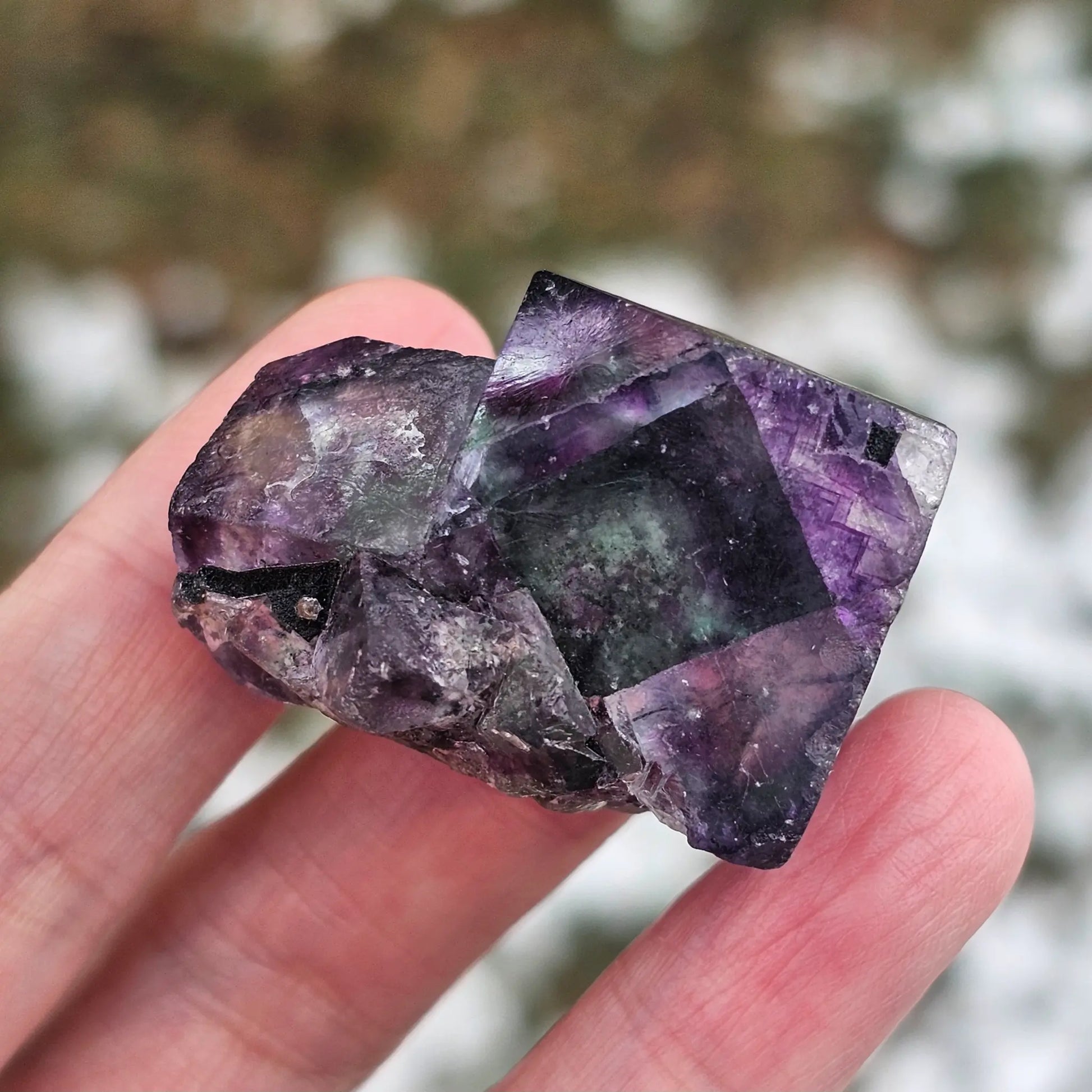 Close-up of an Alien Eye Fluorite specimen from Erongo, Namibia, showing a 1.5 inch twin crystal with deep green and purple aurora-like phantom zones.