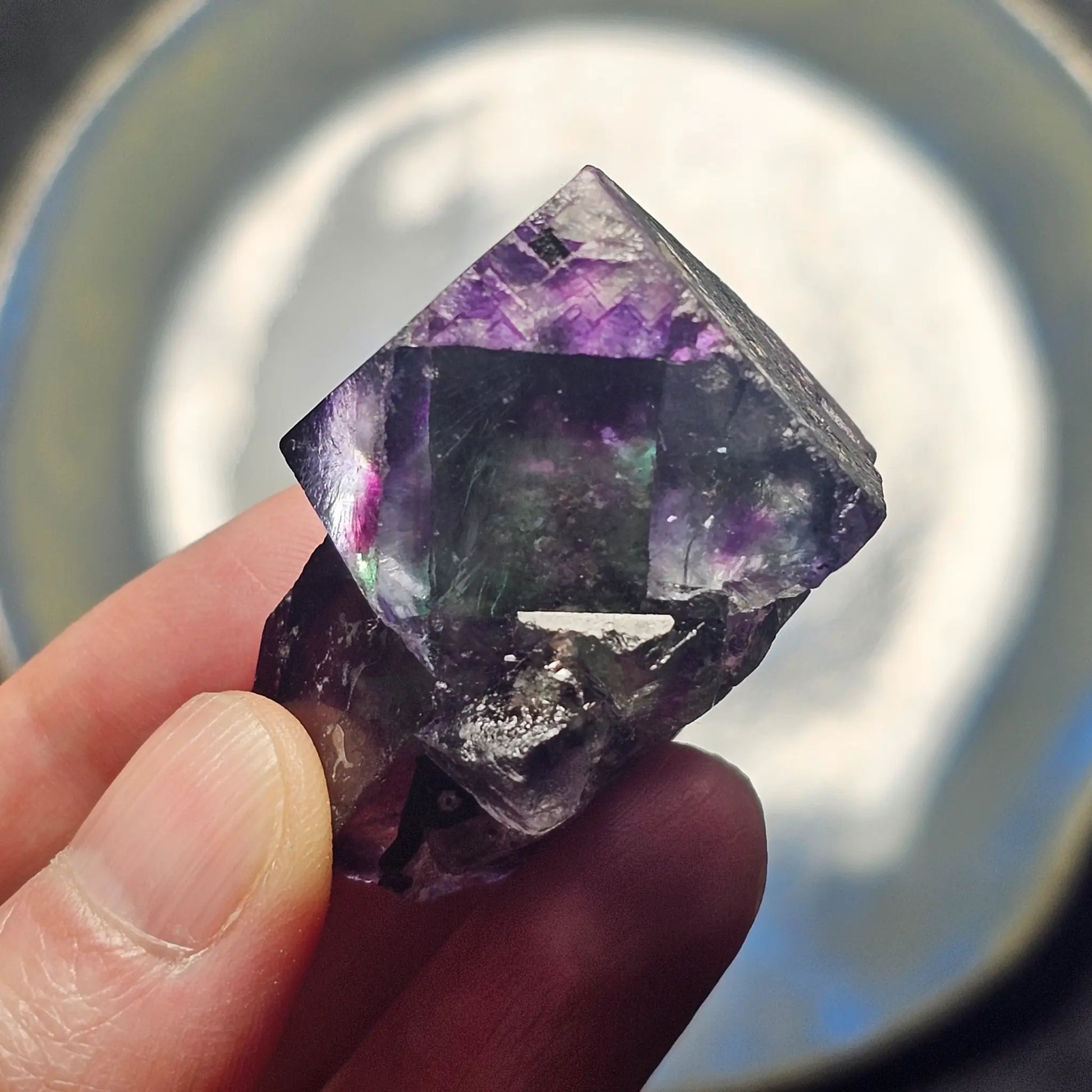 Close-up of an Alien Eye Fluorite specimen from Erongo, Namibia, showing a 1.5 inch twin crystal with deep green and purple aurora-like phantom zones.