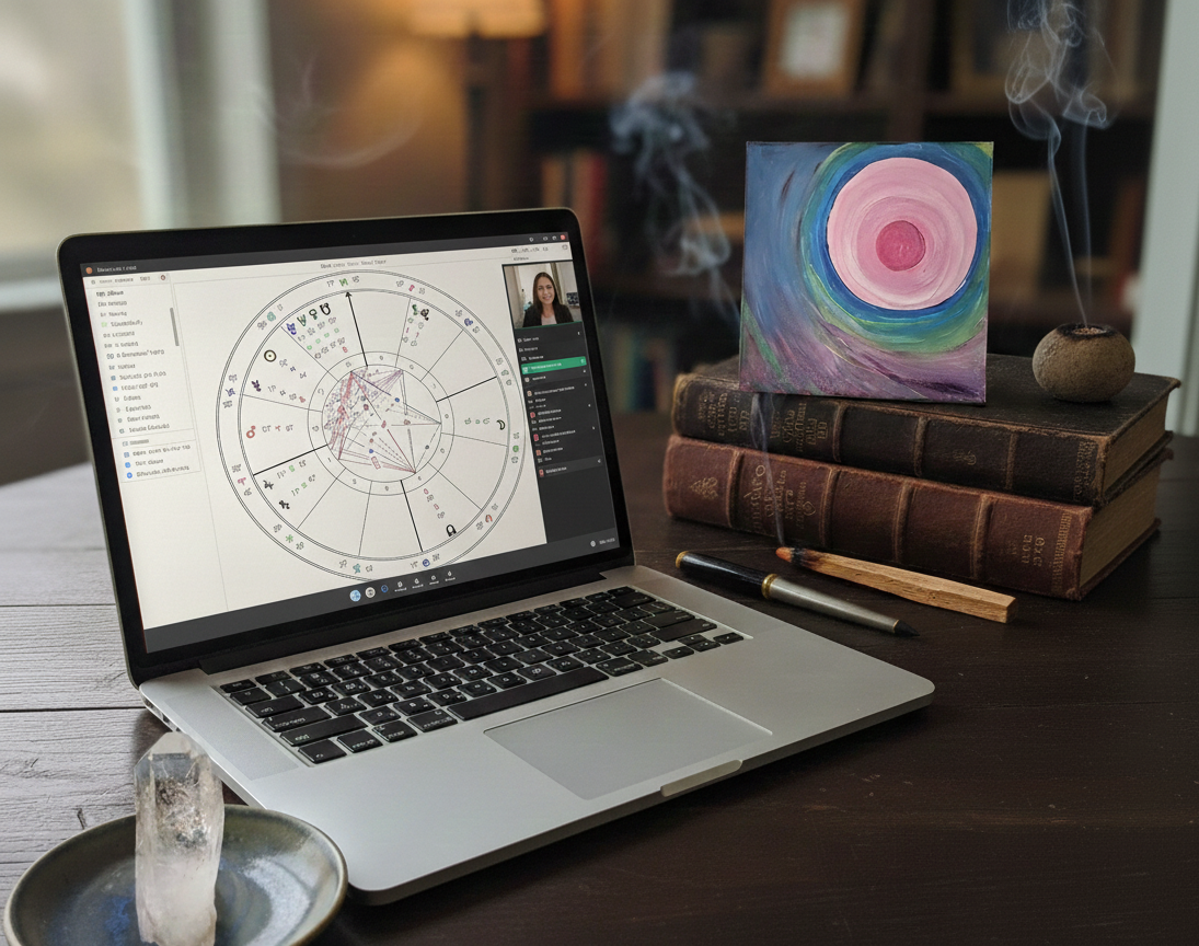 Virtual astrology reading on a computer screen showing a detailed birth chart during a Zoom consultation. The cozy setting includes a bookcase, lamp, and a clear quartz crystal, emphasizing a professional and personal spiritual guidance service.