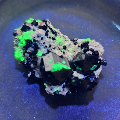 UV reactive Hyalite Opal glowing neon green on Black Schorl Tourmaline specimen from Erongo Namibia for empath protection.
