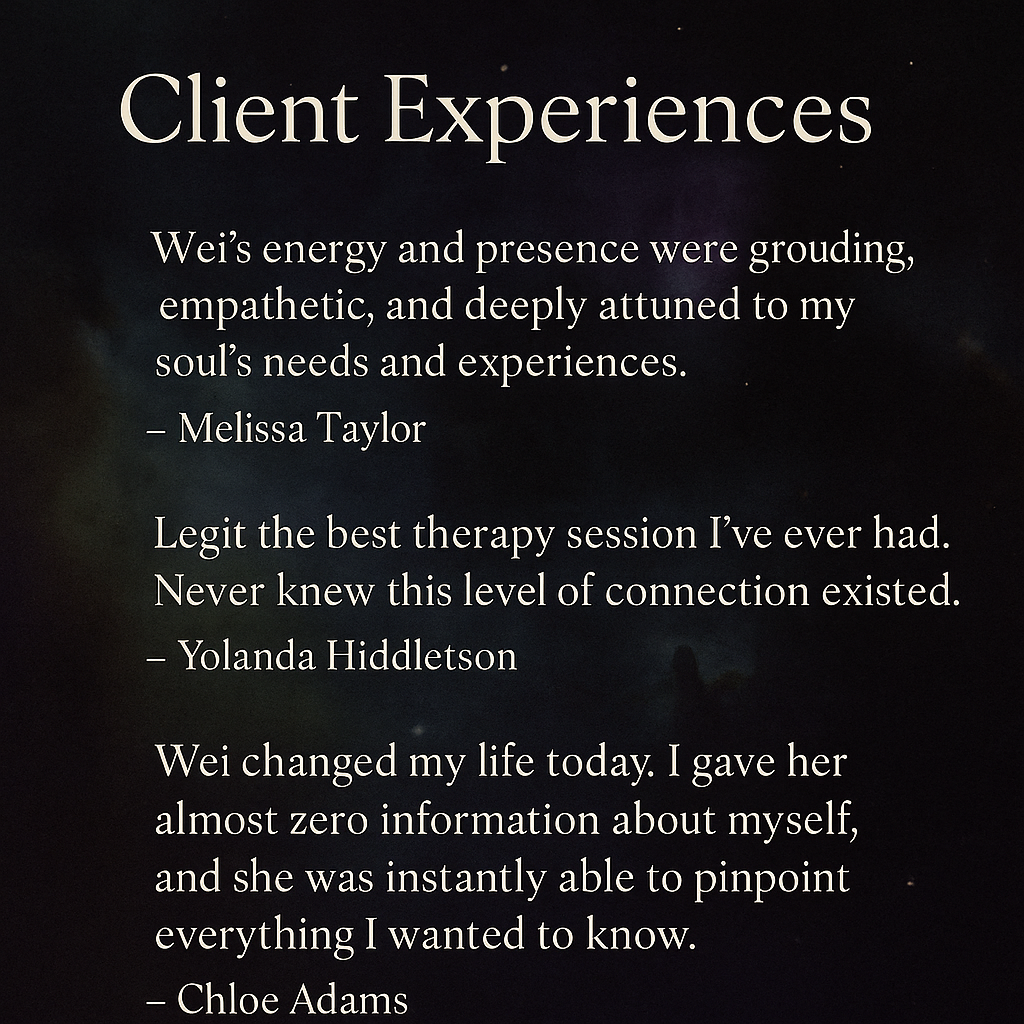 Client testimonials for Wei’s Channeled Astrology and Energy Healing sessions at Bloodmoon Astrology.