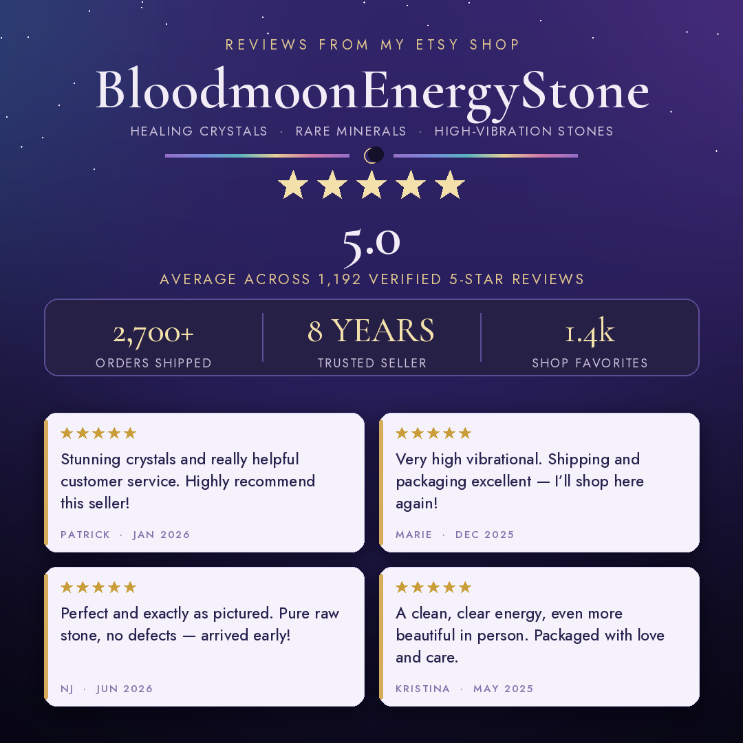 BloodmoonEnergyStone Etsy shop reviews — 5.0 stars from 1,192 verified buyers praising healing crystal quality, energy, careful packaging and fast shipping.