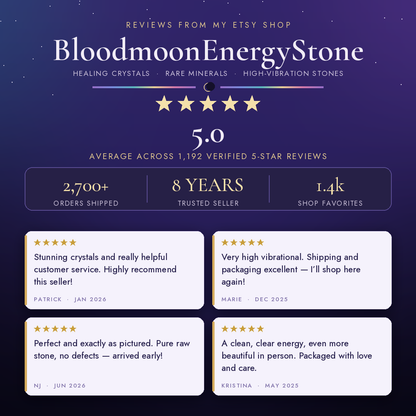 BloodmoonEnergyStone Etsy shop reviews — 5.0 stars from 1,192 verified buyers praising healing crystal quality, energy, careful packaging and fast shipping.