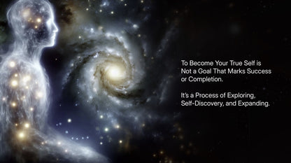 Galaxy and luminous human silhouette symbolizing the journey of becoming one’s True Self through spiritual discovery.