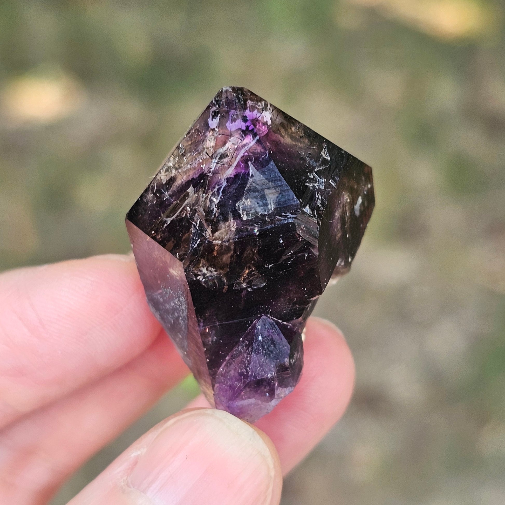 A hand holding a deep purple and smoky Brandberg phantom amethyst crystal point against a blurred natural background.