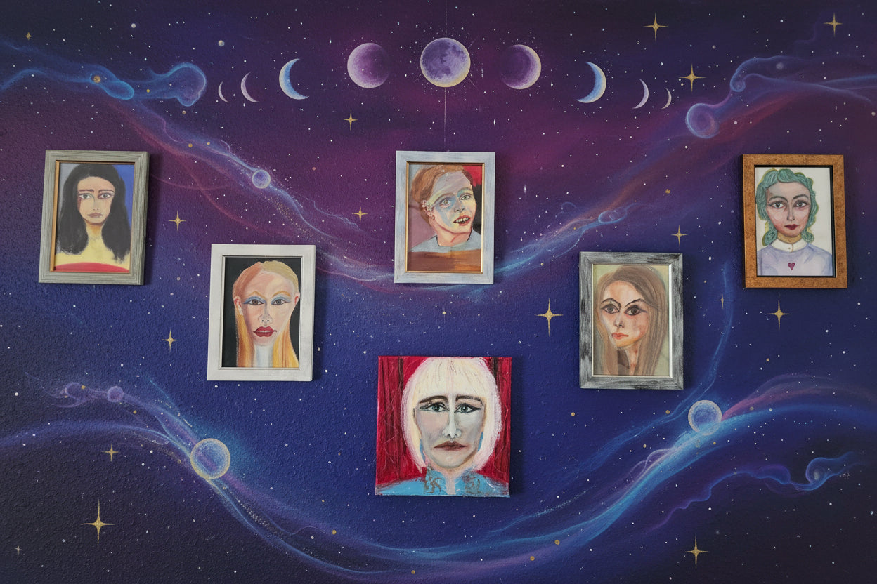 Channeled oil pastel soul portraits floating in cosmic space with moon phases — original energy art by Wei, Bloodmoon Astrology