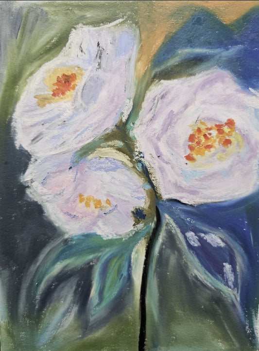 Original 5x7 abstract oil pastel painting titled Healing Roses by Bloodmoon, featuring white and pink flowers with an expressive blue and green background.