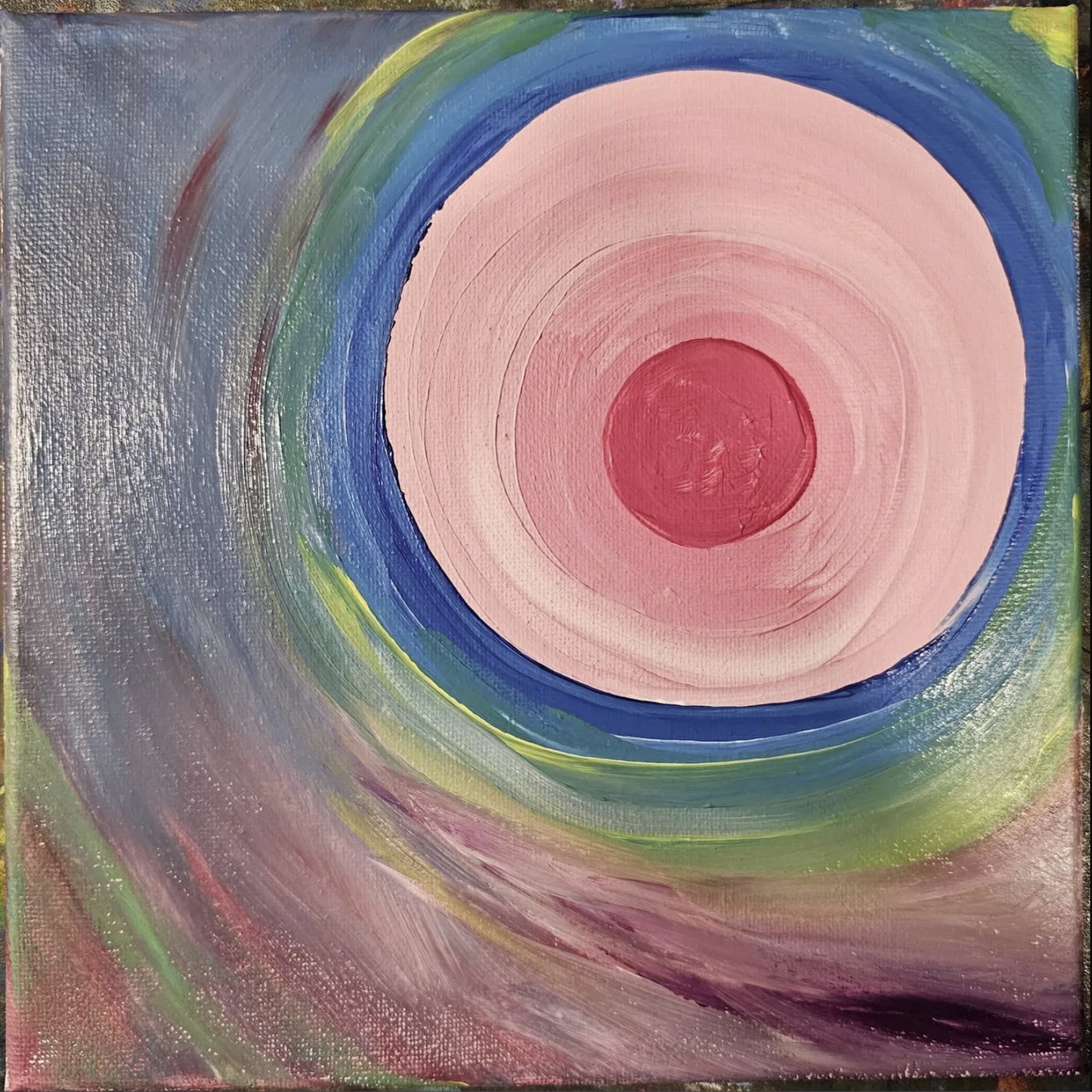Original 8x8 acrylic painting titled Divine Feminine Portal featuring concentric pink circles and swirling green and blue energy for Heart Chakra healing.