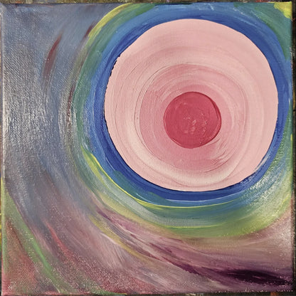 Original 8x8 acrylic painting titled Divine Feminine Portal featuring concentric pink circles and swirling green and blue energy for Heart Chakra healing.