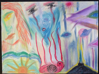 Original Abstract Art: Faces On The Wall/Original Oil Pastel Artwork/Channeled Spiritual Energy Art