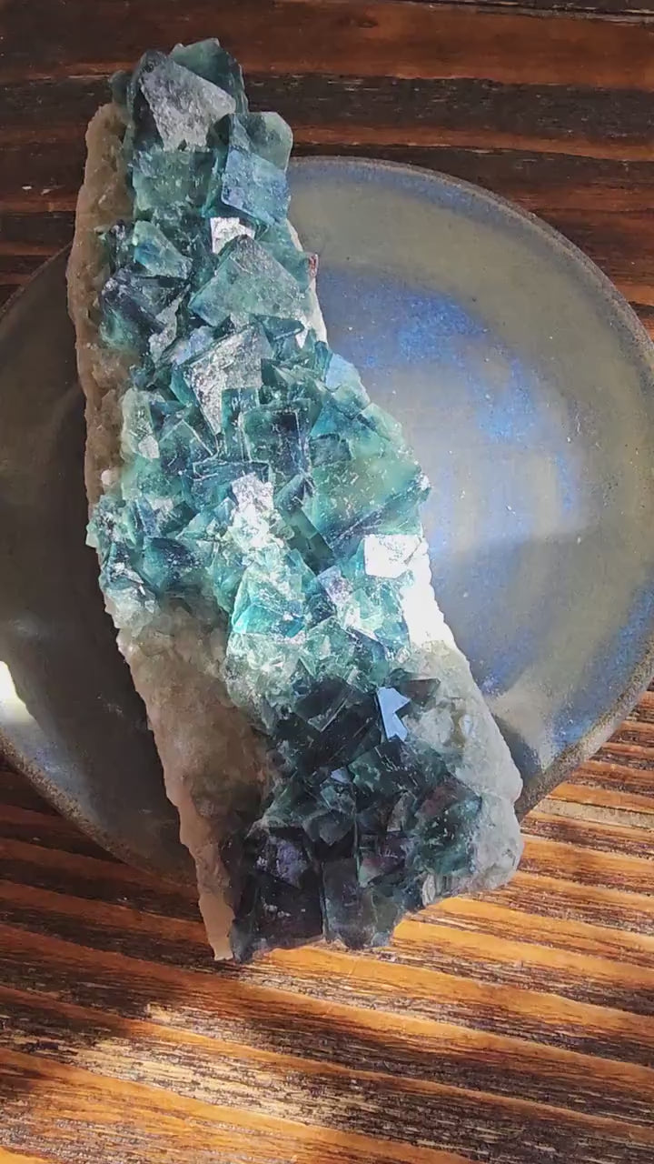 Video showing a Large Madagascar Fluorite shifting from natural blue-green light to mystical purple under UV light, highlighting its sharp cubic geometry.