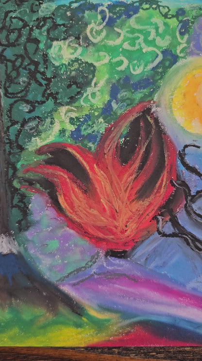 Rebirth Sacred Fire - Original Oil Pastel Art | Energy Art For Spring Equinox Aries Eclipse