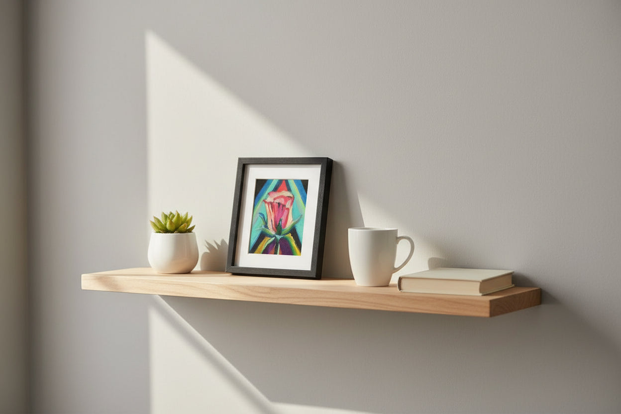 A lifestyle display of the original 5x7 'Rebirth' oil pastel painting, shown framed and matted in a serene meditation room with natural sunlight and zen decor to highlight the small-scale spiritual artwork.
