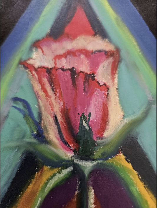 Original 5x7 energy painting titled Rebirth by Bloodmoon, featuring a vibrant pink and red flower encased in a teal and purple geometric light portal.
