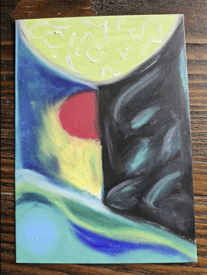 Soul's Inner Landscape" oil pastel painting by Bloodmoon resting on a wooden table surface to show its scale and physical presence.