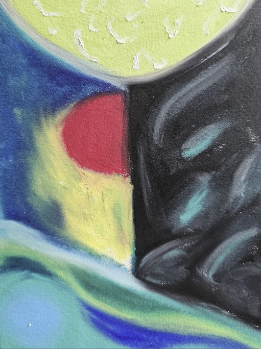 Soul's Inner Landscape: Original 5x7 channeled oil pastel drawing by Bloodmoon featuring a yellow super moon, abstract feminine energy, and expressive textures.