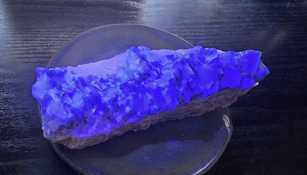 Large Madagascar Fluorite specimen glowing vibrant purple under UV light in a display dish, showcasing high-vibration fluorescent cubic crystals.