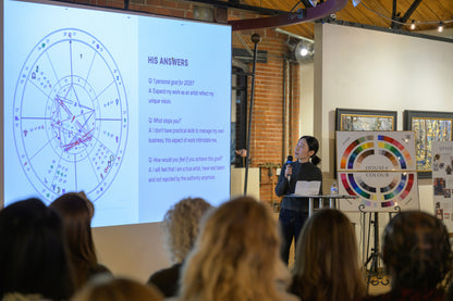 Wei Zhou presenting a natal chart during an Evolutionary Astrology workshop, explaining soul purpose and life themes.